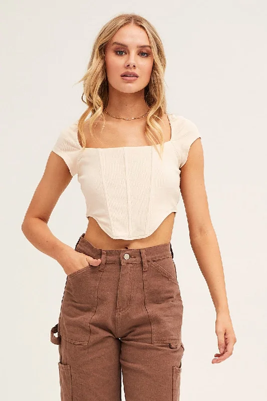 Beige Corset Crop Top Short Sleeve Square Neck