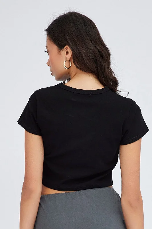 Black Baby Tee Short Sleeve Crop Round Neck Graphic