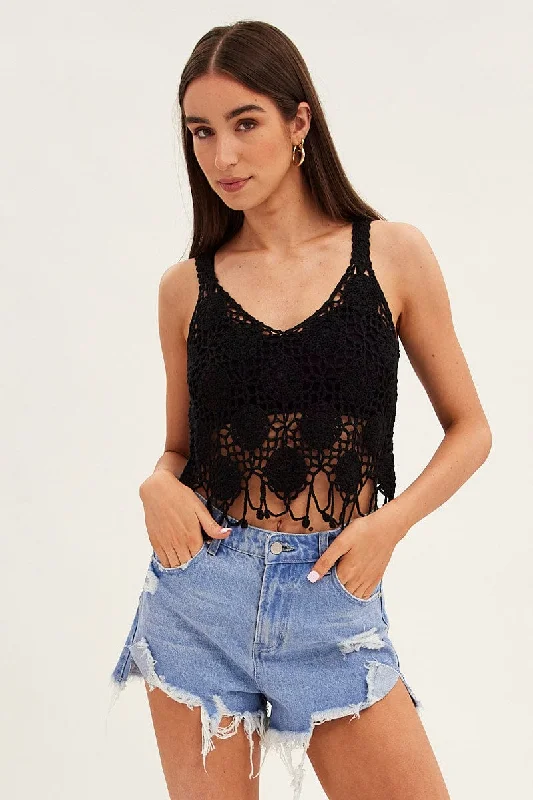 Black Crochet Knit Sleeveless V-Neck