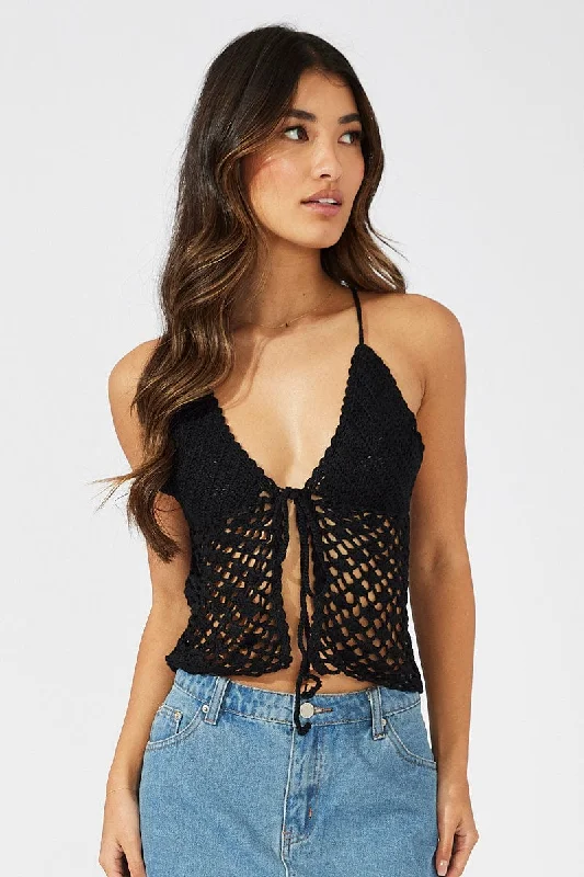 Black Crochet Knit Top