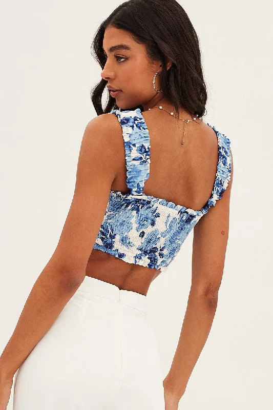 Blue Floral Crop Top Sleeveless Square Neck Shirred