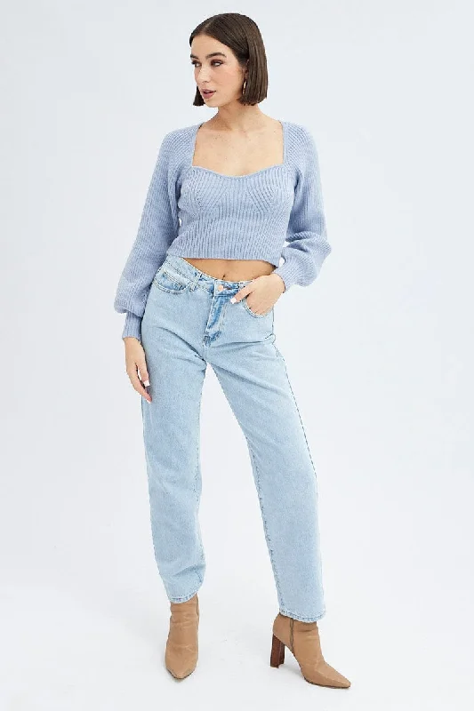 Blue Knit Top Sweet Heart Neck Volume Sleeve Crop