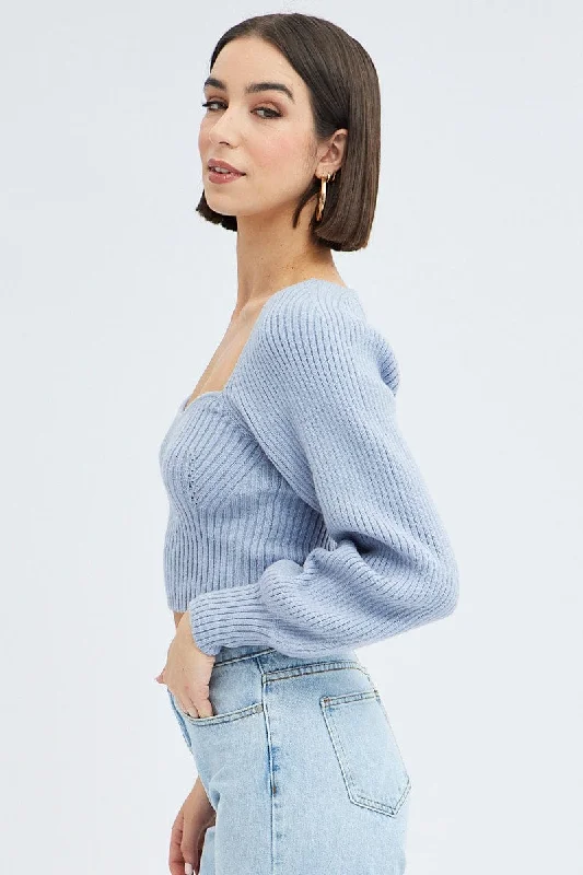 Blue Knit Top Sweet Heart Neck Volume Sleeve Crop