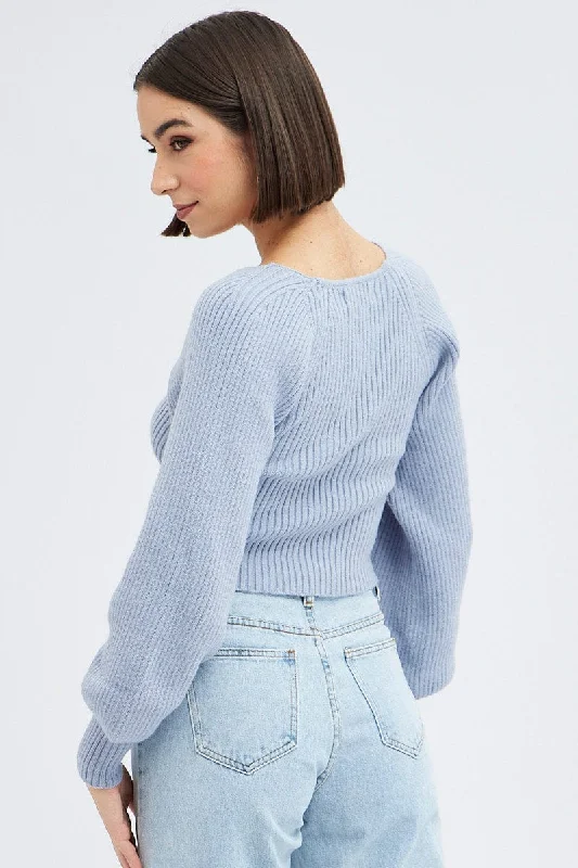 Blue Knit Top Sweet Heart Neck Volume Sleeve Crop