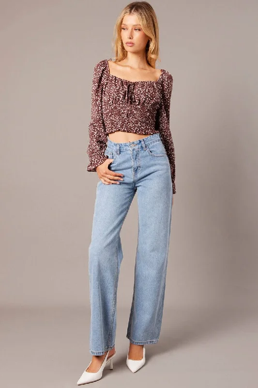 Brown Ditsy Crop Top Long Sleeve Shirred Waist