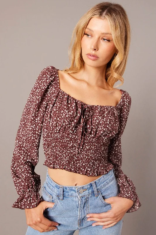 Brown Ditsy Crop Top Long Sleeve Shirred Waist