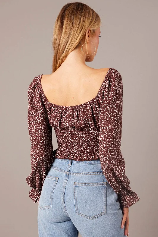 Brown Ditsy Crop Top Long Sleeve Shirred Waist