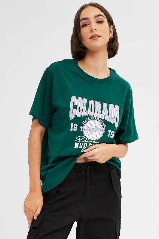 Green Tee Round Neck Short Sleeve Graphic Print