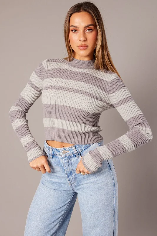 Grey Stripe Knit Top Long Sleeve High Neck