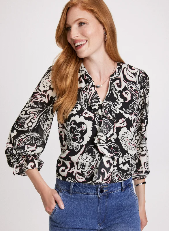 Paisley Print Ruffle Front Blouse