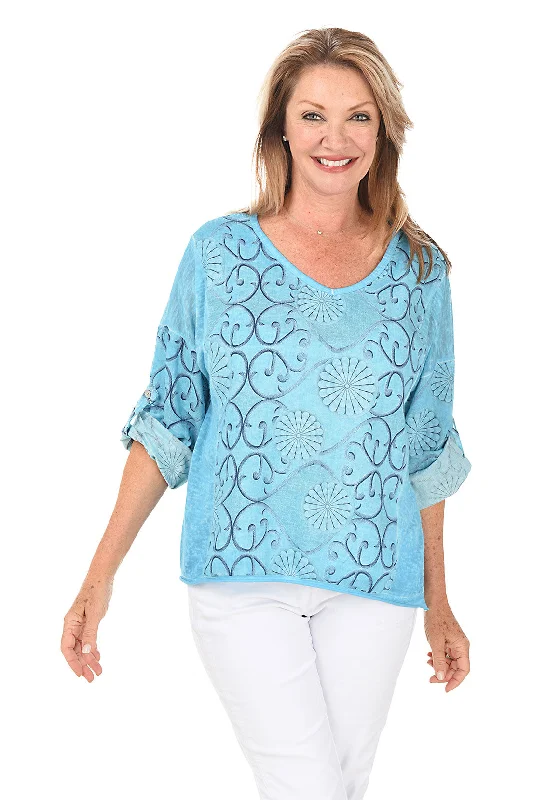 Turquoise Filigree Roll-Tab Linen Blouse