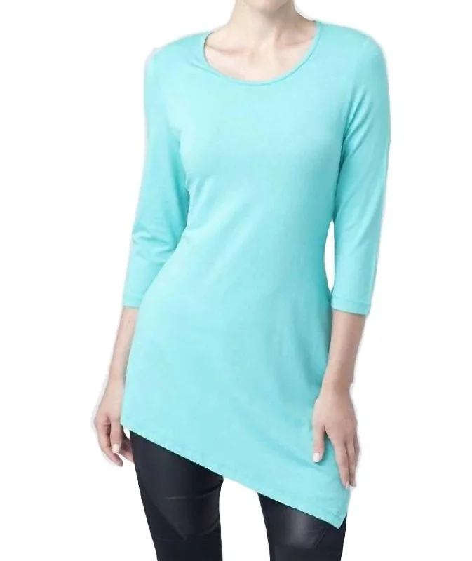 Asymmetrical 3/4 Sleeve Tunic Top In Turquoise