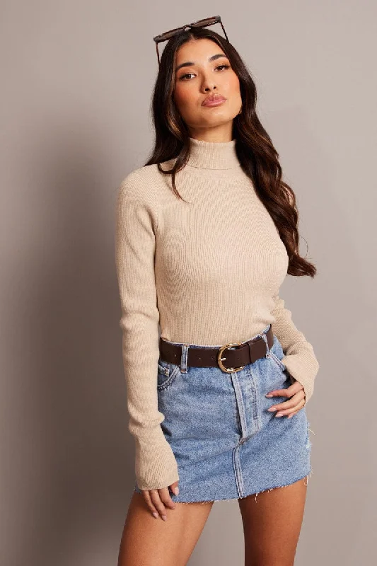 Beige Knit Top Long Sleeve High Neck