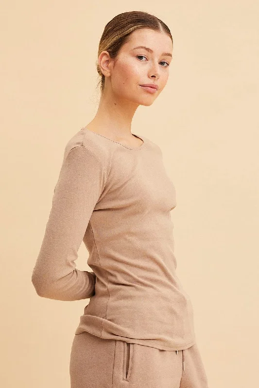 Beige Rib T-Shirt Crew Neck Long Sleeve