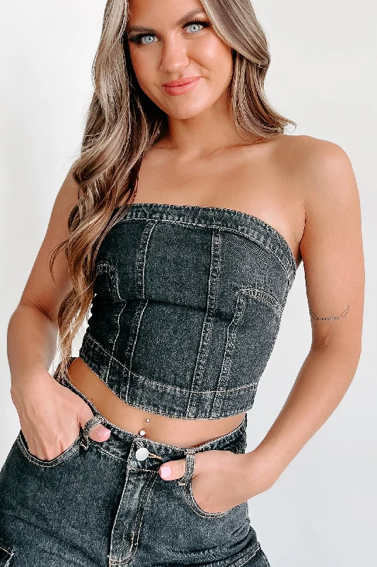 Bite The Bullet Strapless Denim Crop Top (Black)