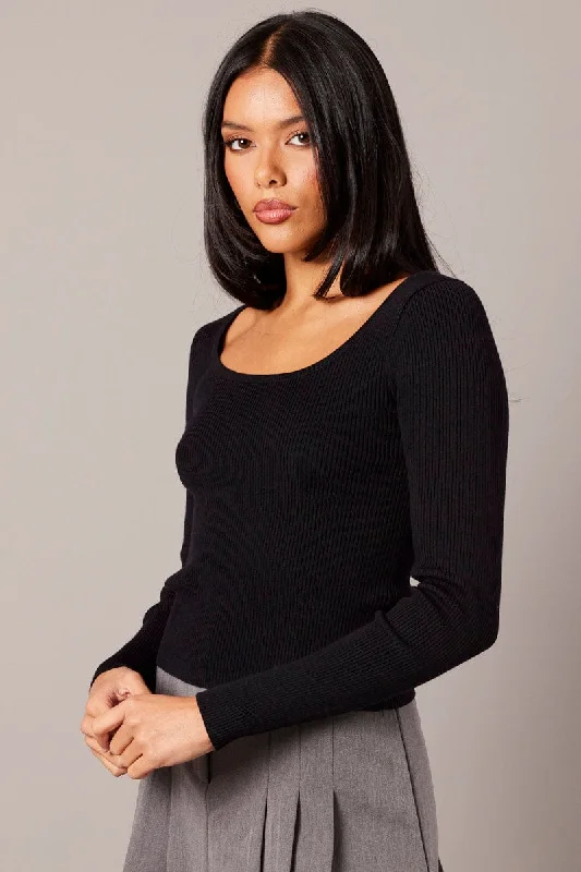 Black Knit Top Long Sleeve Scoop Neck