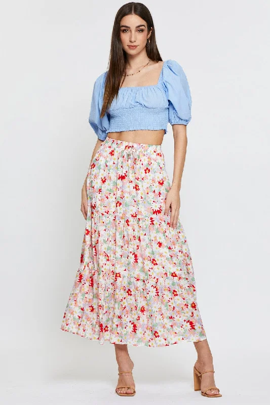 Blue Crop Top Short Sleeve Shirred Waist