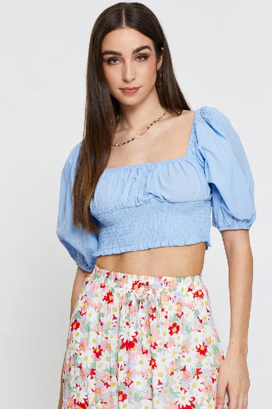 Blue Crop Top Short Sleeve Shirred Waist