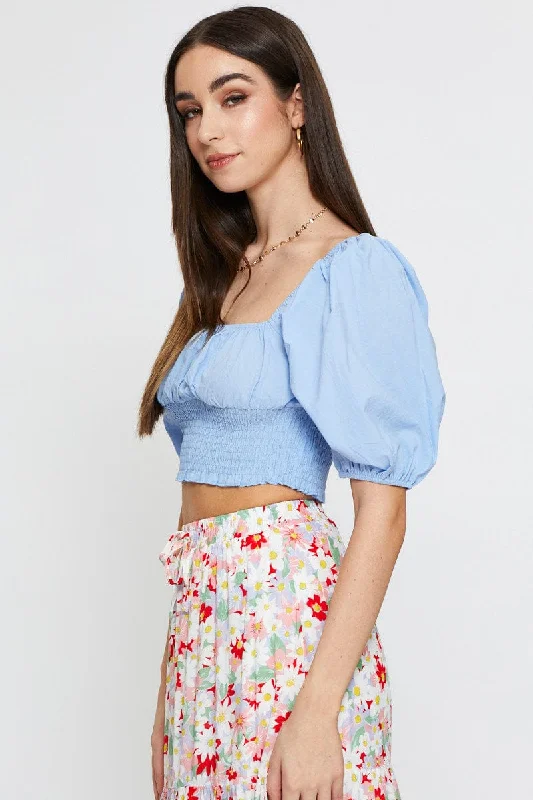 Blue Crop Top Short Sleeve Shirred Waist