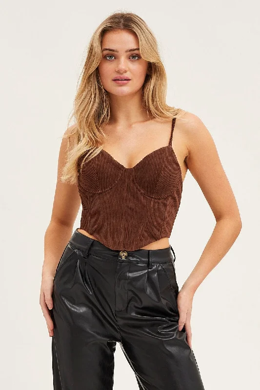 Brown Corset Top Sleeveless Crop Corduroy