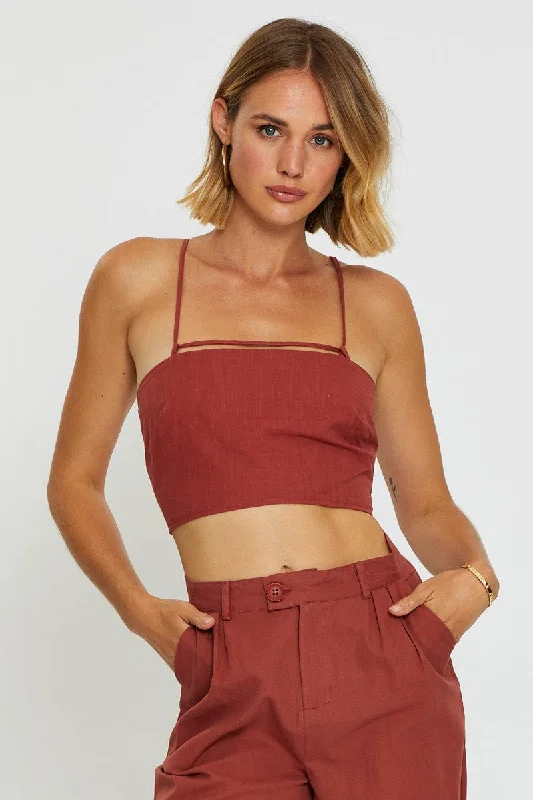 Brown Crop Top Linen Blend