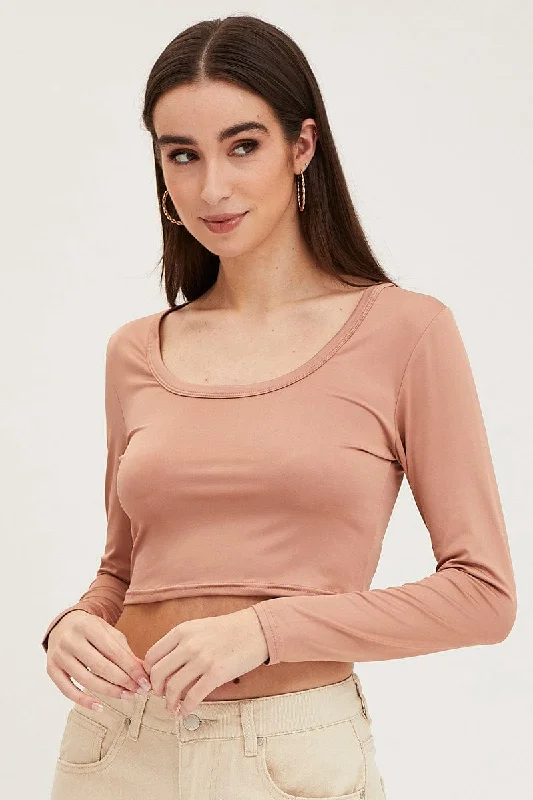 Brown Crop Top Smooth Long Sleeve Scoop Neck