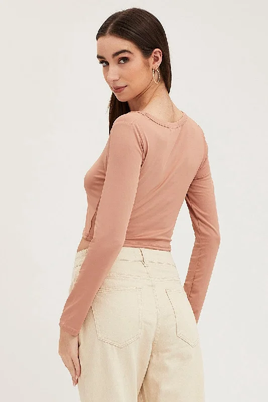 Brown Crop Top Smooth Long Sleeve Scoop Neck