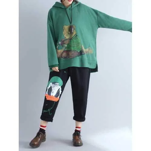 Plus Size Casual Women Green Bear Hooded Thick Sweatshirts