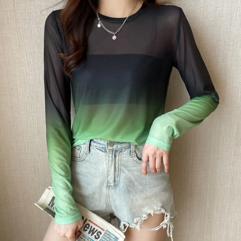 Casual Gradient Mesh Long Sleeve Shirts & Tops