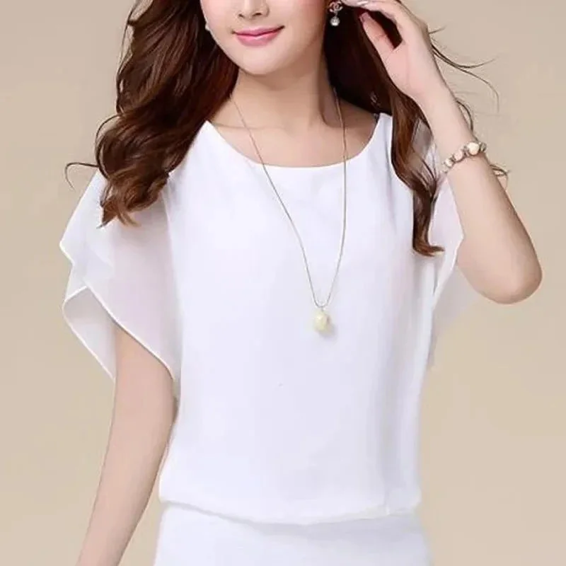 Chiffon Blouse Women Top Solid Color O Neck Loose Pullover Batwing Sleeve Ruffle