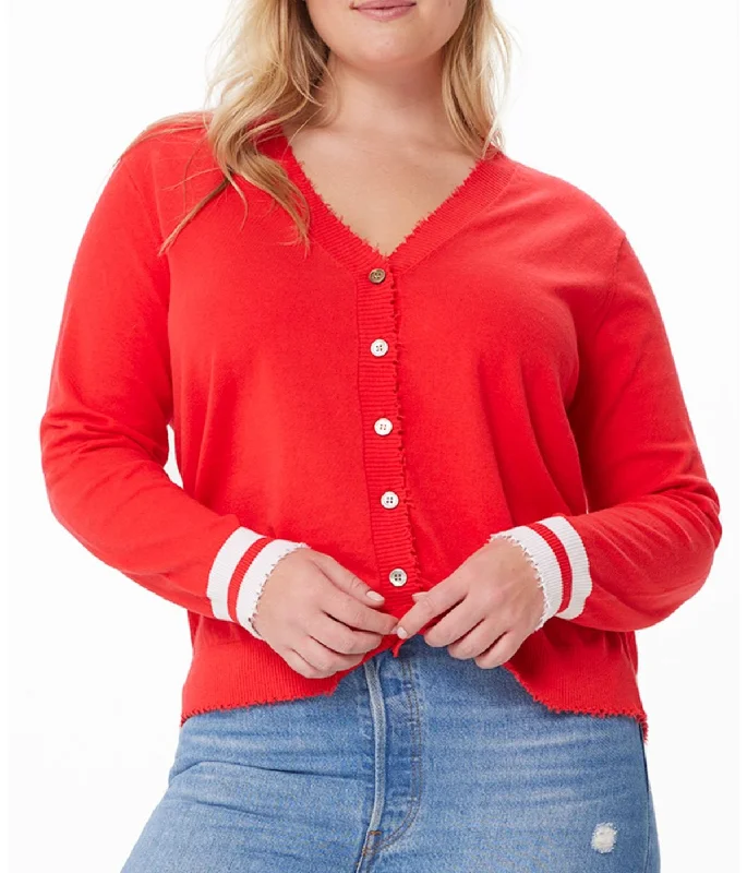 Cotton Cashmere Frayed Edge Cardi W Stripe Cuff Rouge