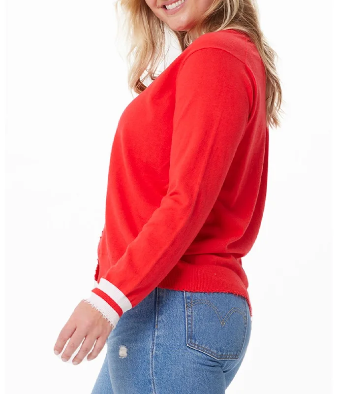 Cotton Cashmere Frayed Edge Cardi W Stripe Cuff Rouge