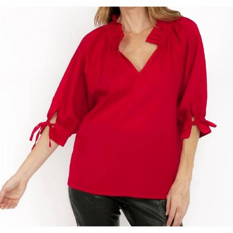 Cotton Percale Ruffle Neckline With 3/4 Tie Sleeve Top In Red