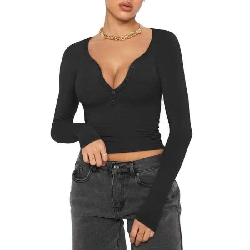 Women Deep V Neck Long Sleeve Button Neckline Crop Top