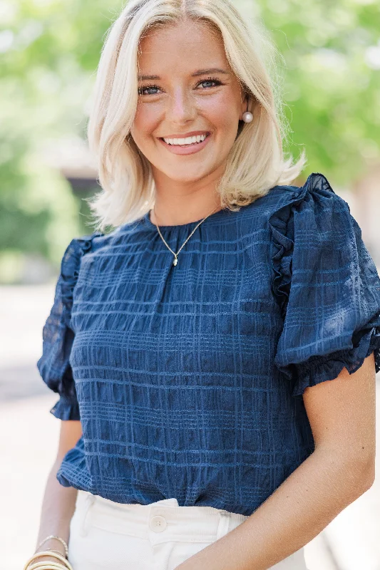 Glad To See You Navy Blue Ruffled Blouse