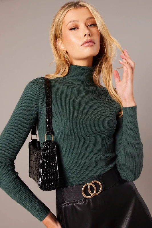 Green Knit Top Long Sleeve High Neck