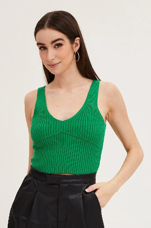 Green Knit Top Sleeveless Crop V-Neck