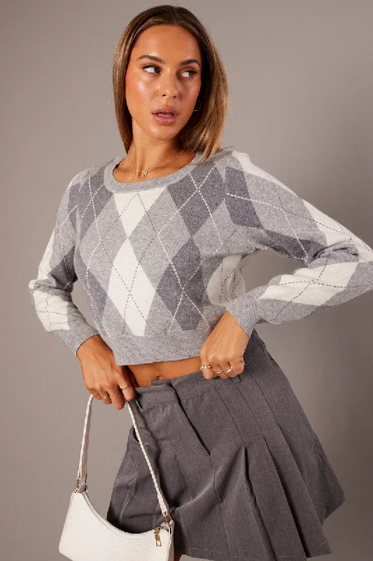 Grey Check Knit Jumper Long Sleeve Argyle