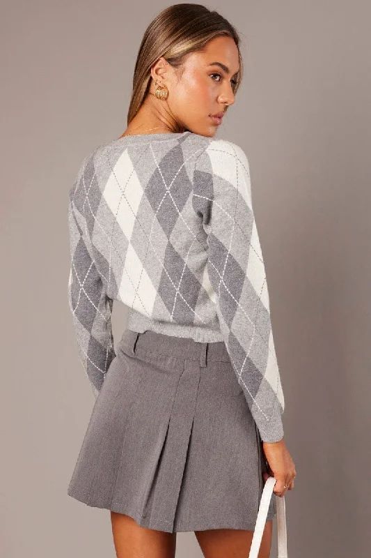 Grey Check Knit Jumper Long Sleeve Argyle