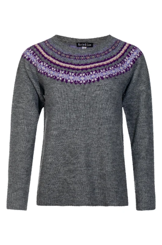 Round neck Fairisle yoke Jersey | Purple Charcoal | 6976ZZ