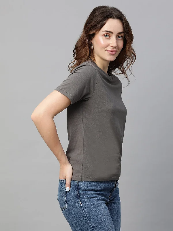 Women's Grey Cotton Bamboo Elastane Regular Fit Tshirt