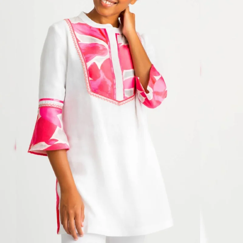 Paradise Linen Tunic In White With Pink