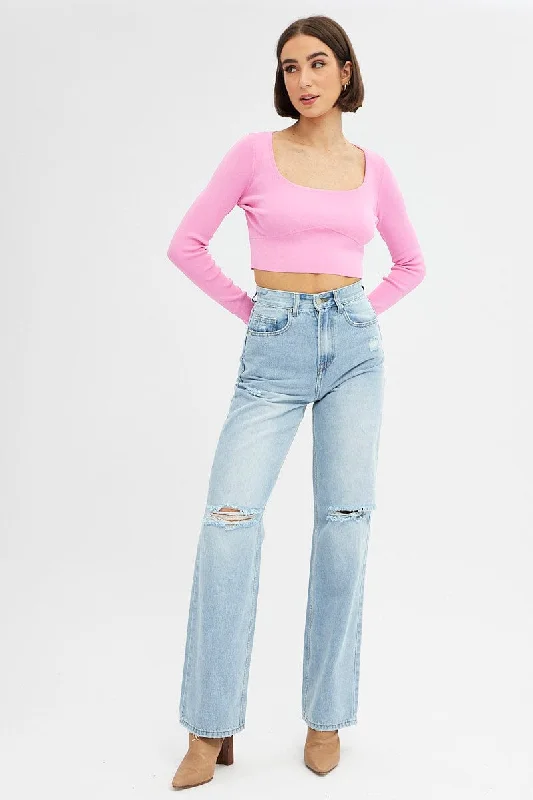 Pink Knit Top Long Sleeve Crop