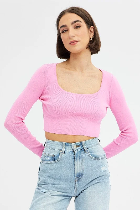 Pink Knit Top Long Sleeve Crop