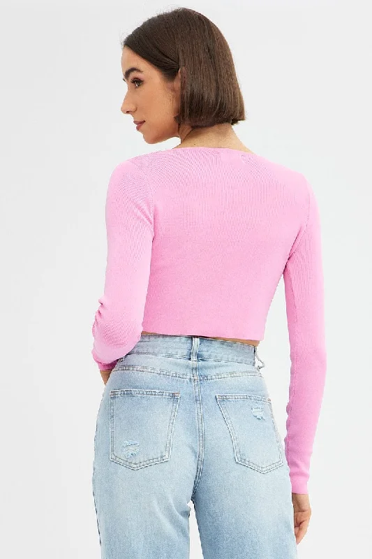 Pink Knit Top Long Sleeve Crop