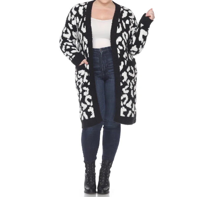 Plus Size Leopard Print Open Front Sherpa Cardigan