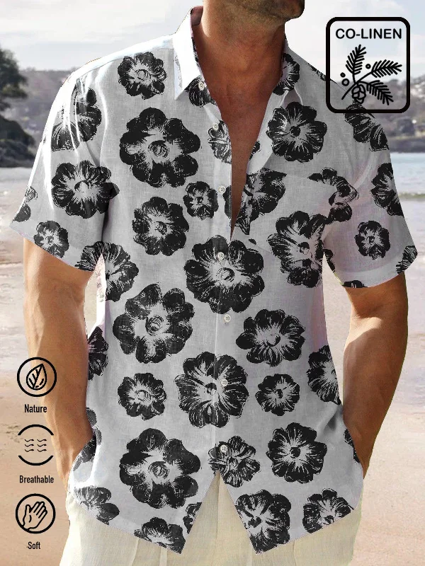 Beach Vacation Ink Flower Men's Cotton-Linen Hawaiian Chambray Shirt  Plus Size Shirts