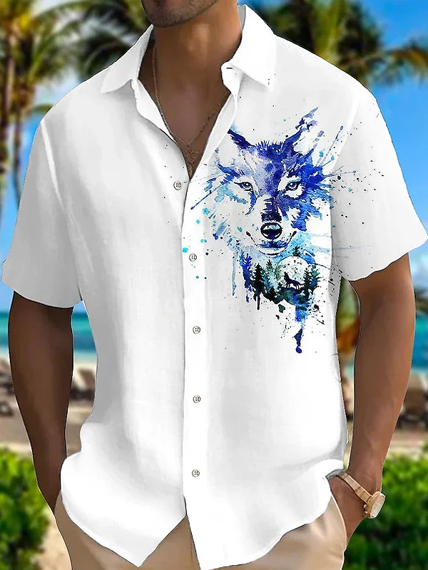 Hawaiian Wolf Print Men's Button Pocket Short Sleeve Shirt