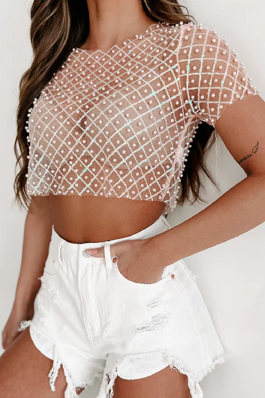 Staying Golden Sequin & Glitter Mesh Crop Top (Blush)