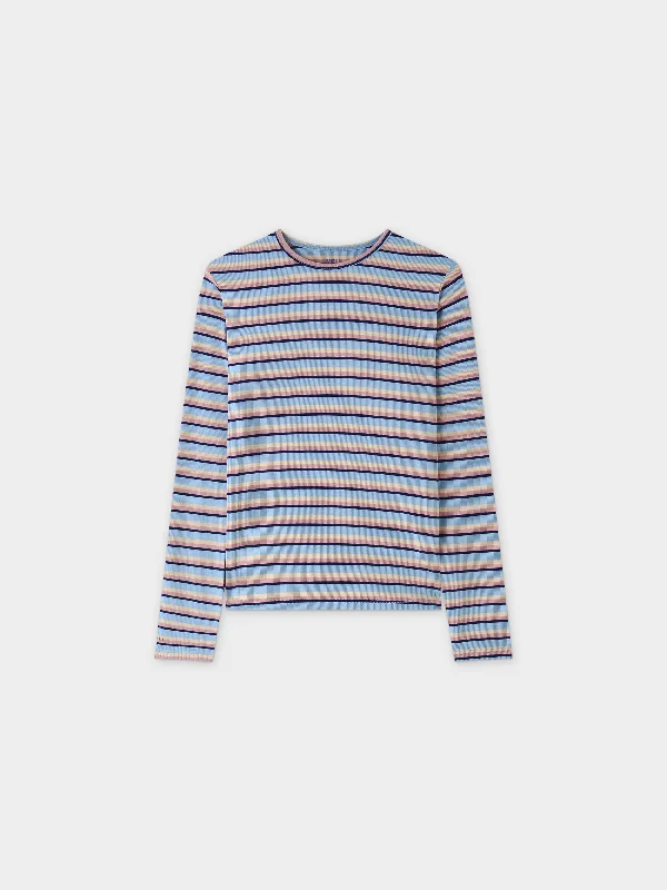 Striped Ribbed Crew-Blue/Pink/Tan